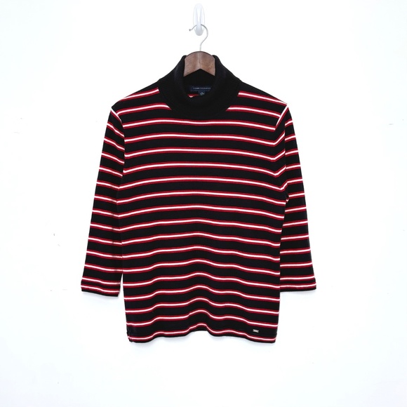 Tommy Hilfiger XL Striped Turtleneck Sweater Navy Blue Red White Long Sleeve - Picture 1 of 5